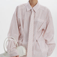 Load image into Gallery viewer, Office Printed Striped Shirt Women Polo Collar Long Sleeve Tie Cinched Blouse
