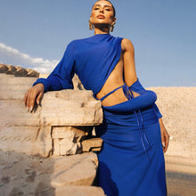 Load image into Gallery viewer, Autumn Winter Women Clothing Solid Color Sexy Cutout round Neck Tied Long Sleeve Dress