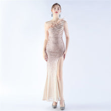 Load image into Gallery viewer, Gradient Sequin Craft Beaded Ostrich Feather Diagonal Collar One Shoulder Long Evening Dress