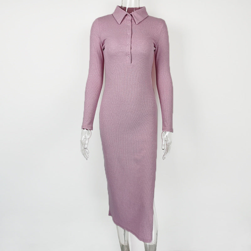 Autumn Winter Women Clothing Sexy Slit Slim Rib Button Long Sleeve Dress