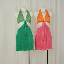 Load image into Gallery viewer, Summer Sexy V Neck Backless Pleated Dress Women Halter Lace Up Cutout Short Dress