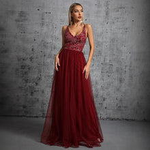 Load image into Gallery viewer, Women Elegant Suspender Evening Dress V neck A line Long Party Evening Dress Annual Meeting Catwalk Dress