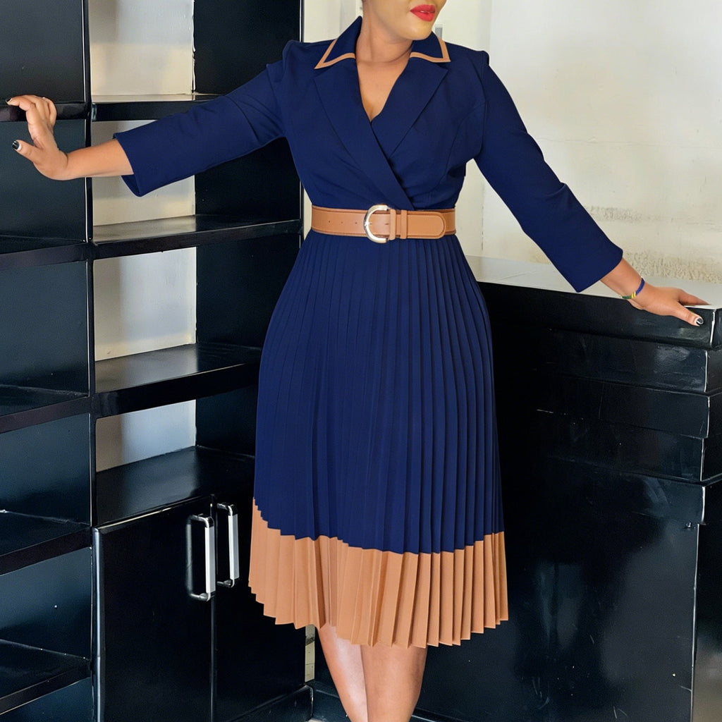 Women Clothing Winter Elegant Elegant Blazers Collar Color Matching Pleated Dress