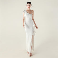 Load image into Gallery viewer, One Shoulder Ruffles Embellished Beaded Chain Handmade Sequined Evening Dress Cocktail Party Wedding