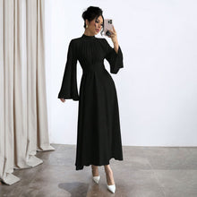 Load image into Gallery viewer, Black Stand up Collar Waist Maxi Dress Women Autumn Winter Long Sleeve Retro Large Bell Sleeve Solid Color Dress