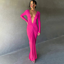 Load image into Gallery viewer, Women Clothing Summer Sexy V neck Slim Pleated Solid Color Long Sleeve Dress
