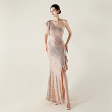 Load image into Gallery viewer, One Shoulder Ruffles Embellished Beaded Chain Handmade Sequined Evening Dress Cocktail Party Wedding