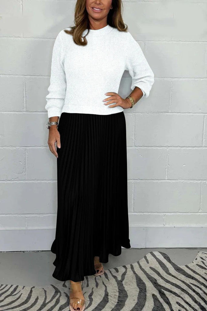New Autumn Winter Women round Neck Top Sunken Stripe Pleated Dress