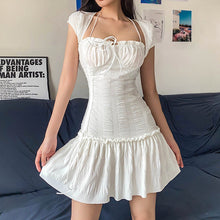 Load image into Gallery viewer, Summer Sexy French Low Cut Square Collar Halter Lace Up Design Short Sleeve Pleated Dress Women