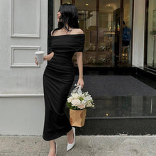 Load image into Gallery viewer, Spring Off Shoulder Pleated Dress Slim Fit Slimming Slit Bottoming Formal Dress