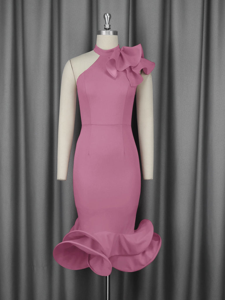Elegant Half Turtleneck Ruffled Dress off Shoulder Ruffled Hem Cocktail Evening Dress