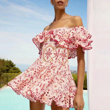 Load image into Gallery viewer, Summer Off Shoulder Lotus Leaf Embroidered Waist Slimming Vacation Dress Slim Fit Slimming Dress