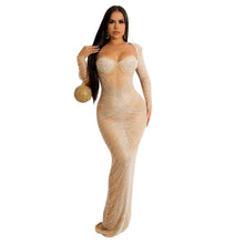 Load image into Gallery viewer, Women Wear Rhinestone Mesh See through Long Sleeve Dress