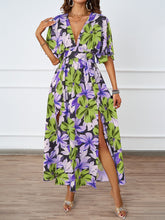 Load image into Gallery viewer, Summer Floral Print Maxi Dress Elastic Band Waist Tight Big V neck Short Sleeve Dress for Women