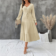 Load image into Gallery viewer, Autumn Elegant Long Sleeve Pleated V neck Solid Color Dress