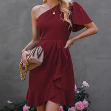 Load image into Gallery viewer, Dress Summer Solid Color Single Side Sleeve Off Shoulder Ruffled Solid Color High Waist Off Shoulder Midi Dress