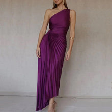 Load image into Gallery viewer, Women Clothing One Shoulder Diagonal Collar Pleated Hollow Out Cutout Dress