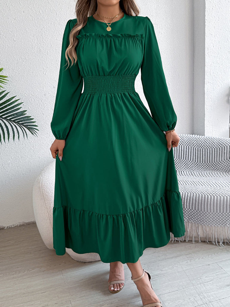 Autumn Winter Solid Color Elegant Wooden Ear Cinched Pleated Maxi Dress Women Clothing