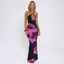 Load image into Gallery viewer, Women Clothing Spring Casual Floral Print Cross Halterneck Lace up Fishtail Maxi Dress