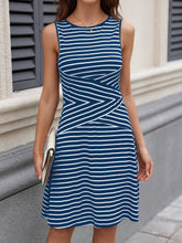 Load image into Gallery viewer, Spring Summer Striped Plaid Crew Neck Sleeveless Color Matching Waist Pleating Mid Length Dress Women Top