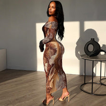 Load image into Gallery viewer, Women Clothing Vintage Print Sexy Off The Shoulder Long Sleeve One Step Dress Dress