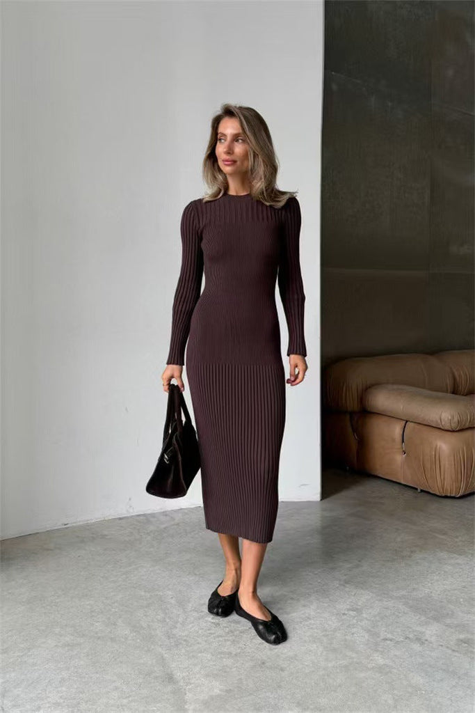 Long Sleeve Fall Winter Sweater Dress Women Knitted round Neck Sunken Stripe Solid Color Tight Dress Women