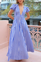 Load image into Gallery viewer, Low Cut V neck Striped Puff Sleeve Large Swing Dress