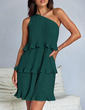 Load image into Gallery viewer, Spring Summer Women Clothing Oblique Shoulder Layered Stitching Hem Solid Color Dress Women