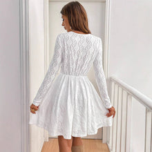 Load image into Gallery viewer, Elegant Women Solid Color Lace Patchwork Mini Holiday Dress Scallops Sundress