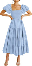 Load image into Gallery viewer, Summer Women Clothing Square Collar Backless Puff Sleeve Pleated Short Sleeves Dress