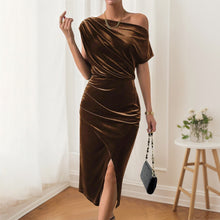 Load image into Gallery viewer, Niche Design One Shoulder Velvet Dress Women Autumn Winter Cocktail Dress Side Slit Slimming Elegant Maxi Dress