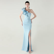 Load image into Gallery viewer, One Shoulder Craft Beading Wave Floral Satin High Slit Sexy Evening Dress Dinner Party Wedding Social