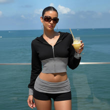Load image into Gallery viewer, Women Wear Casual Striped Stitching Contrast Color Zipper Hooded Top Shorts Two Piece Set