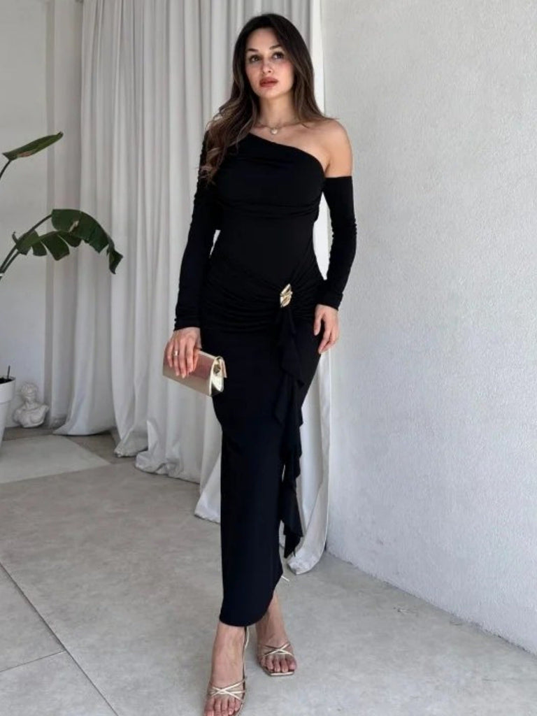 Autumn Elegant Women Single Shoulder Solid Color Long Sleeve Slim Fit Sexy Sheath Pleated Dress
