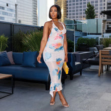 Load image into Gallery viewer, Sexy Backless Lace Printing Dress Sheath Sexy Maxi Dress Irregular Asymmetric Lotus Floral Swing