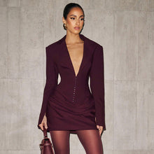 Load image into Gallery viewer, Women Clothing Autumn Winter Solid Color Deep V Plunge Collared Pleated Mini Waist Dress for Women