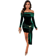 Load image into Gallery viewer, Women Autumn Winter Christmas Slim Fit Pleated Design Sheath Dress Sexy off the Shoulder Velvet Dress