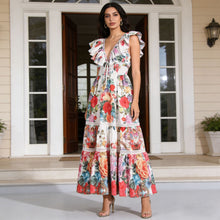 Load image into Gallery viewer, Spring Deep V Plunge neck Ruffled Sleeve Maxi Dress Ruffled Stitching Printing Design Waist Slimming Dress for Women