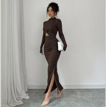 Load image into Gallery viewer, Autumn Winter Sexy Slit Slim Fitting Cropped Outfit Long Sleeve Mid Length Long Sleeve Dress