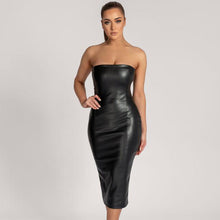 Load image into Gallery viewer, Autumn Winter Solid Color Faux Leather Elegant Slim-Fit Tube Top Back Slit Sexy Midi Dress