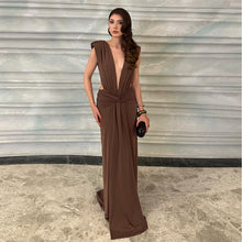 Load image into Gallery viewer, Sexy Brown Twisted Pleated Sleeveless Deep V Plunge Women Clothing Hip Dress
