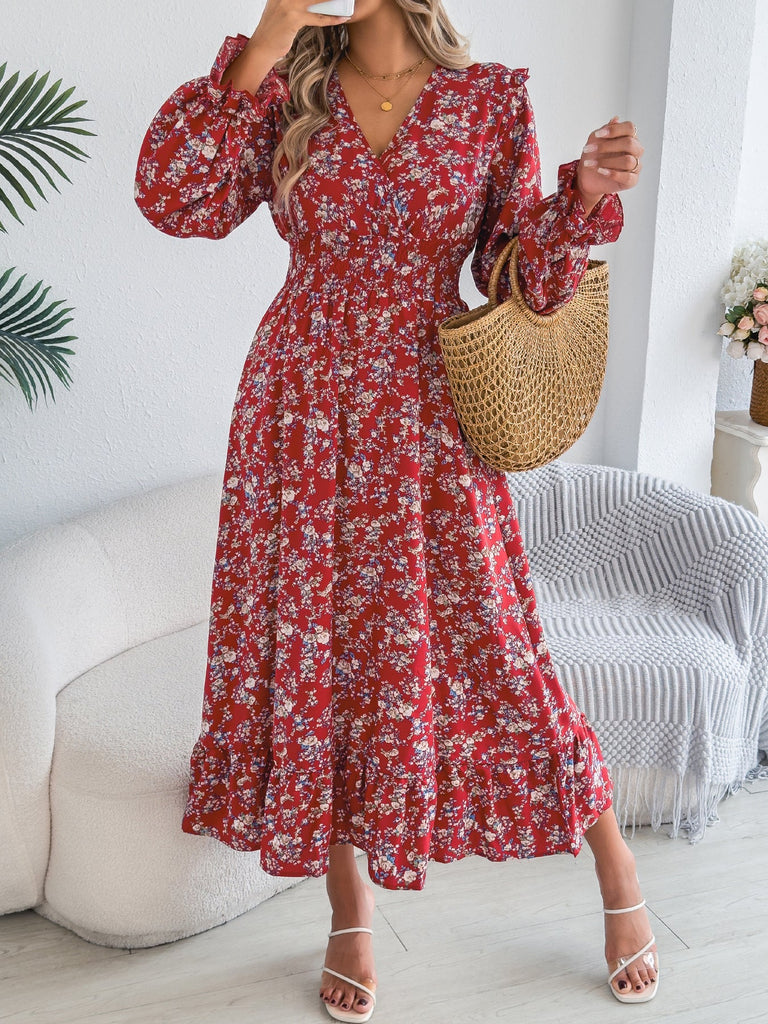Autumn Winter Elegant Floral Cross V neck Waist Trimming Ruffles Maxi Dress Women Clothing