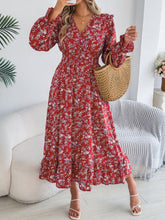 Load image into Gallery viewer, Autumn Winter Elegant Floral Cross V neck Waist Trimming Ruffles Maxi Dress Women Clothing