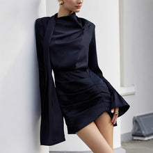 Load image into Gallery viewer, Autumn Winter Irregular Asymmetric Navy Blue Long-Sleeved Dress Women Slim Slimming Sheath
