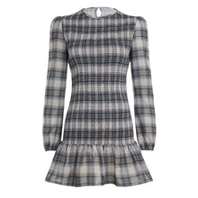 Load image into Gallery viewer, Women Plaid Pleated Casual Long Sleeved Dress Contrast Color round Neck Pleated Dress