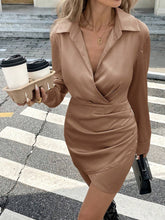 Load image into Gallery viewer, Women Clothing Satin Autumn Long Sleeve Dress Fitted Waist Pleated Simple Short Dress