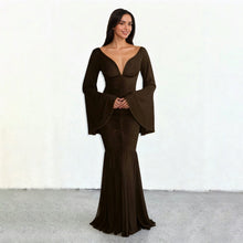 Load image into Gallery viewer, Elegant Deep V Plunge neck Pleated Mesh Patchwork Flared Sleeves Cocktail Dress Mop Formal Dress