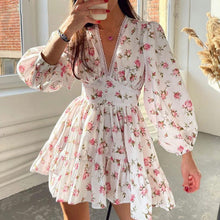 Load image into Gallery viewer, Spring Women Clothing Sweet Elegance Printed V neck Lace Waist Trimming Short Dress