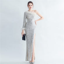 Load image into Gallery viewer, Craft Ostrich Feather Decorative Diagonal Shoulder Roman Collar Side Slit High End Evening Dress