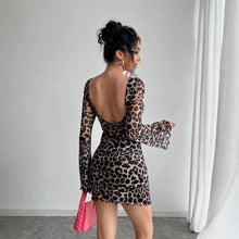 Load image into Gallery viewer, Spring Summer Lady Sexy Leopard Print Backless Flare Sleeve Mesh Dress